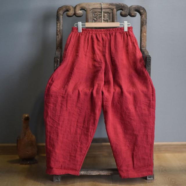 Buddha Trends Red / One Size Elastic Waist Linen Trousers | Zen