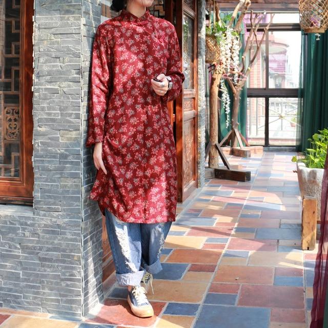 Buddha Trends Red / One Size Mandarin Collar Floral Long Shirt  | Zen