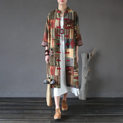 Buddha Trends Red / One Size Patchwork Prints Chinese Linen Trench Coat