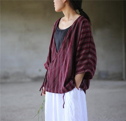 Buddha Trends Red / One Size Striped V Neck Wrap Cotton Linen Shirt  | Zen