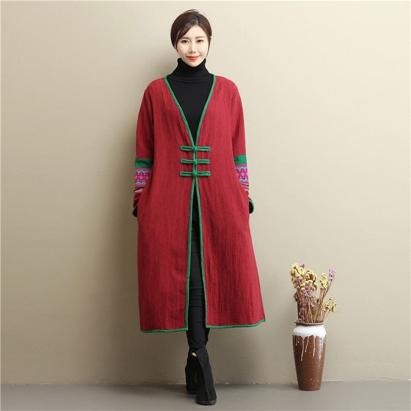 Buddha Trends Red / One Size Trinity Embroidered Linen Coat