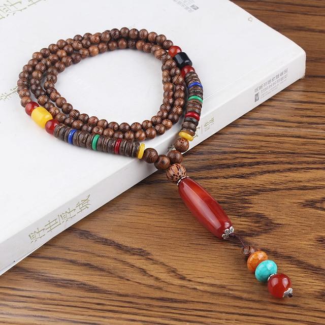 Buddha Trends Red Stone Wooden Mala Bead Necklace