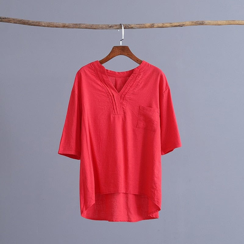 Buddha Trends Rose Red / One Size Petite Cotton Linen T-Shirt With Pockets  | Zen