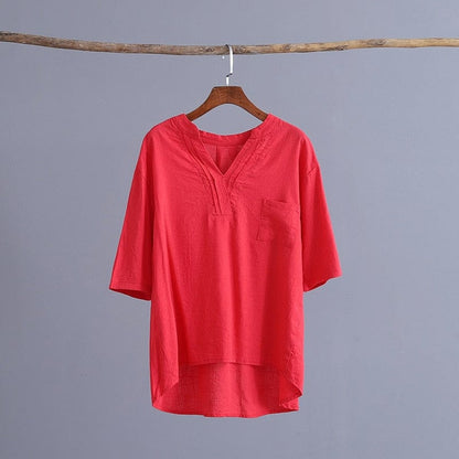 Buddha Trends Rose Red / One Size Petite Cotton Linen T-Shirt With Pockets  | Zen