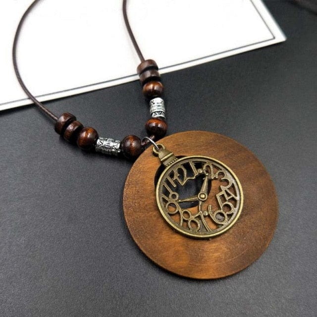Buddha Trends Round Clock Wooden Pendant Necklace