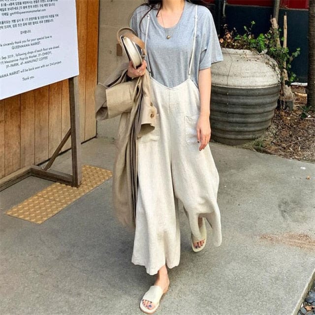 Buddha Trends S / Gray White Cotton and Linen Loose Overall