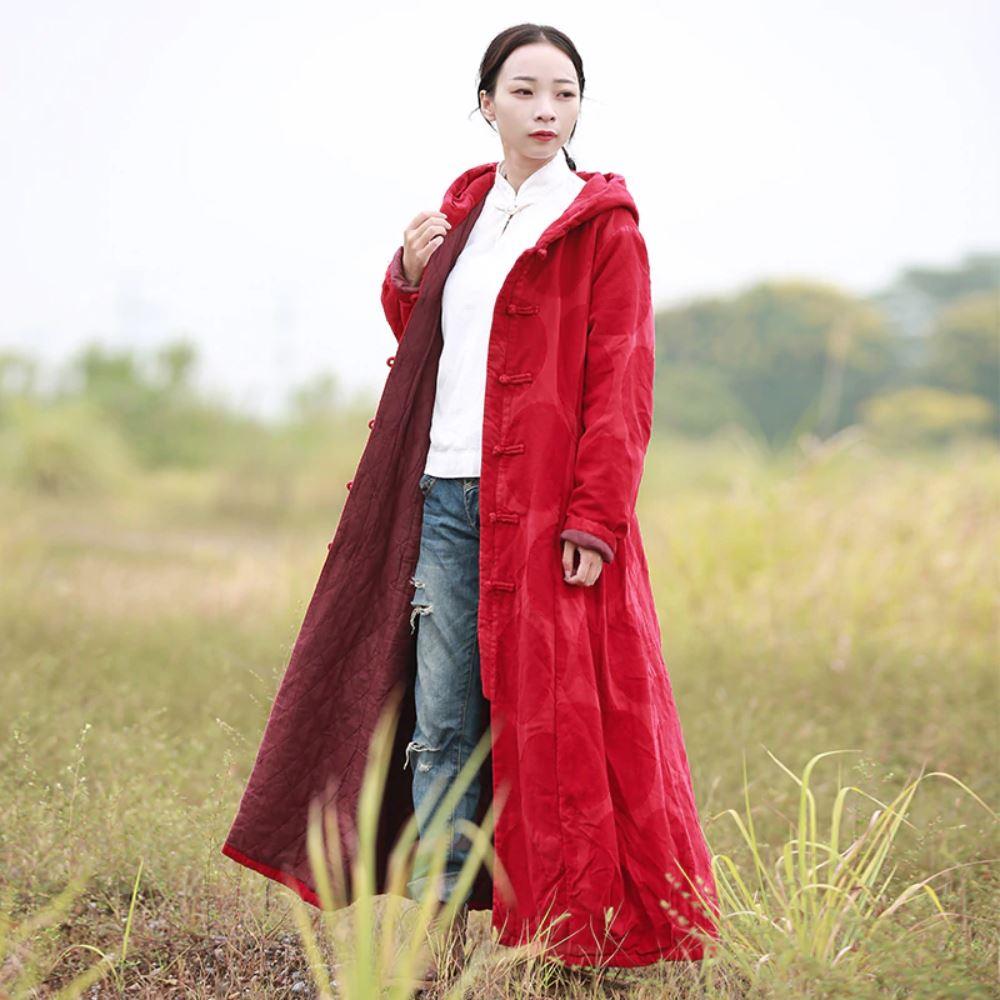 Red Linen Hooded Trench Coat