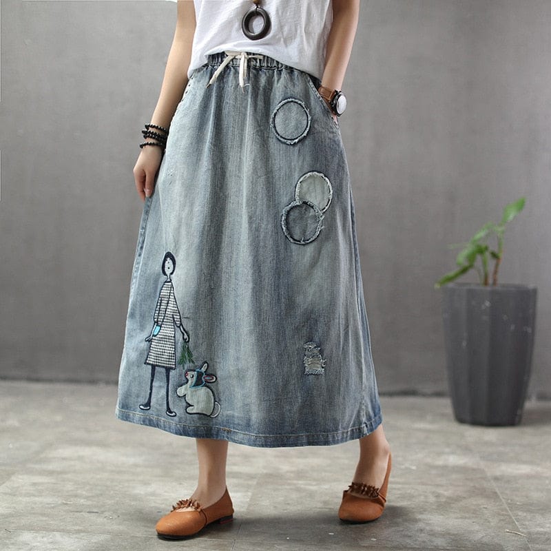 Buddha Trends Skirts Embroidered Patchwork Kawaii Denim Skirt