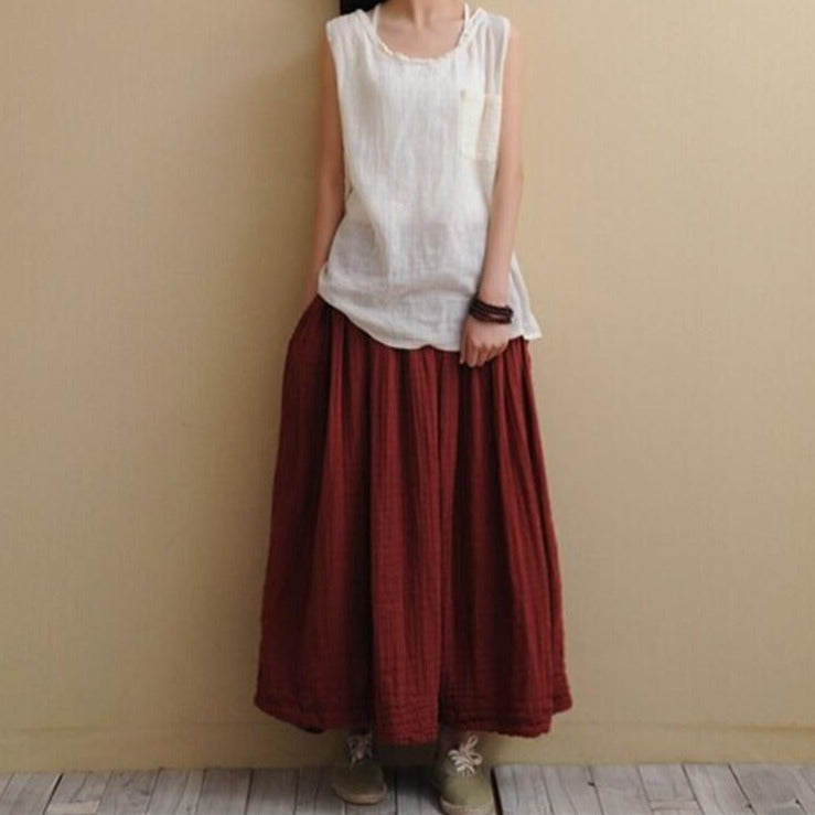 Buddha Trends Skirts jujube red / S Vintage Cotton Linen Pleated Skirt