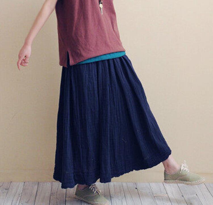 Buddha Trends Skirts navy blue / S Vintage Cotton Linen Pleated Skirt