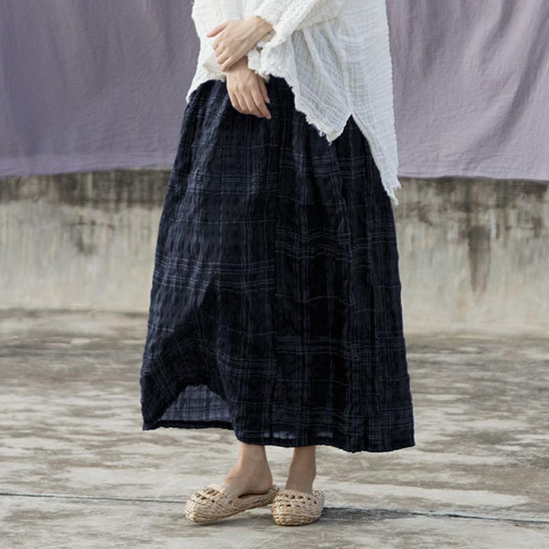 Buddha Trends Skirts One Size / Deep Blue Vintage Plaid Linen Skirt | Lotus