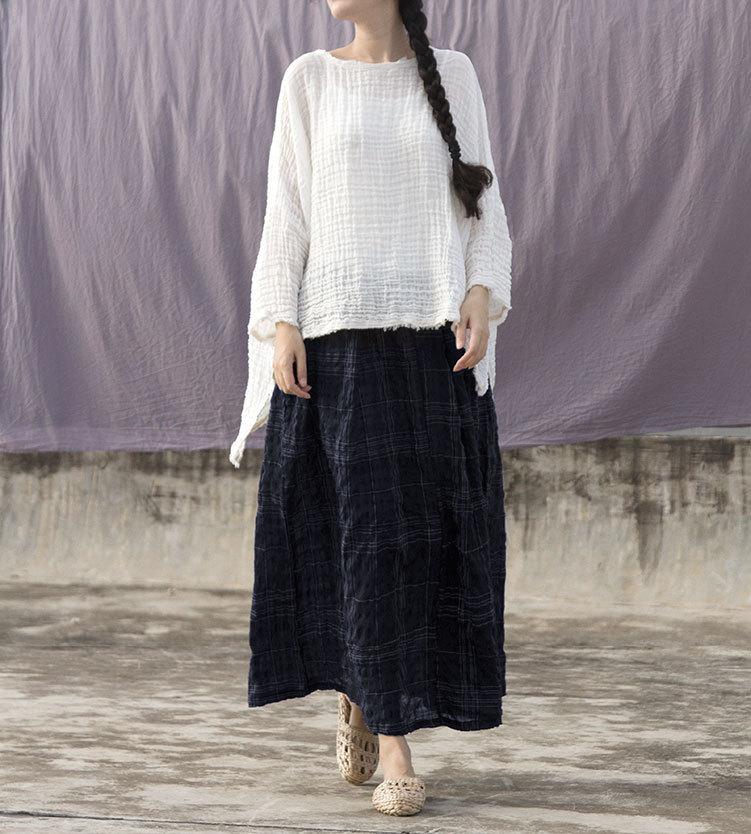 Buddha Trends Skirts One Size / Deep Blue Vintage Plaid Linen Skirt | Lotus