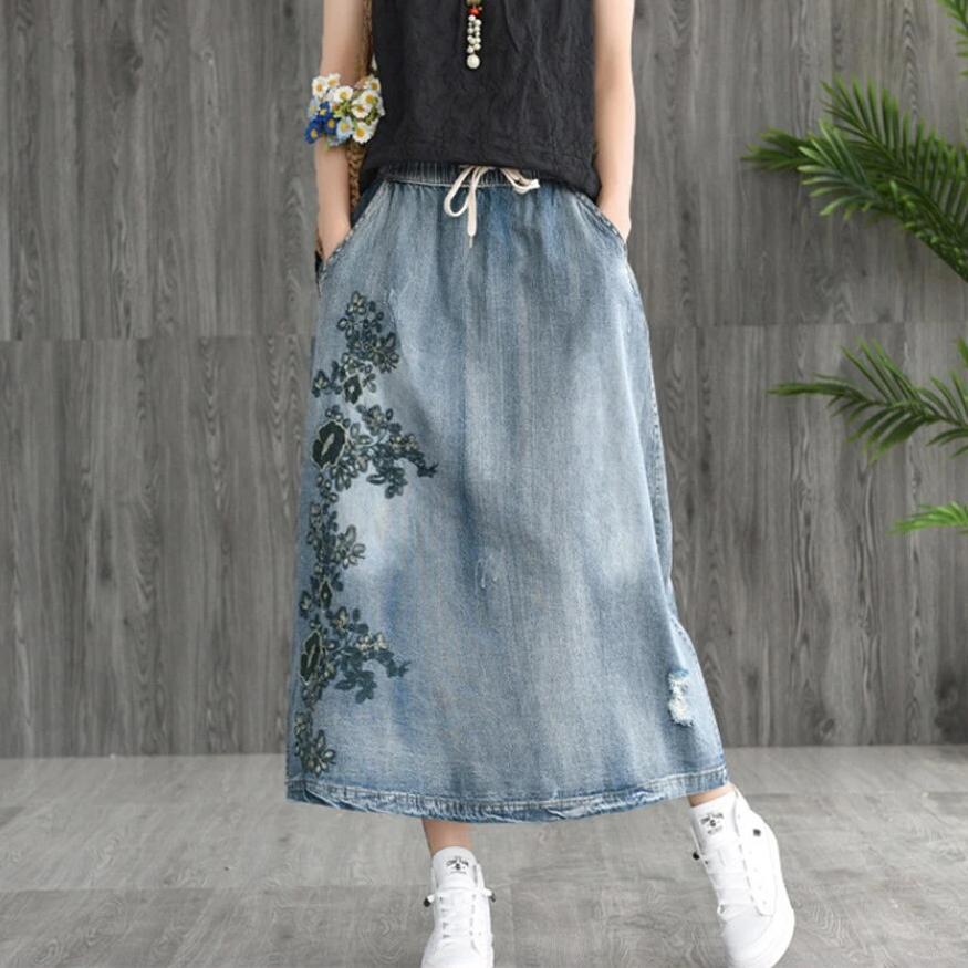 Embroidered long outlet denim skirt