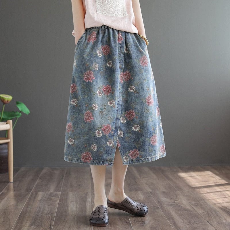 Floral denim outlet skirt