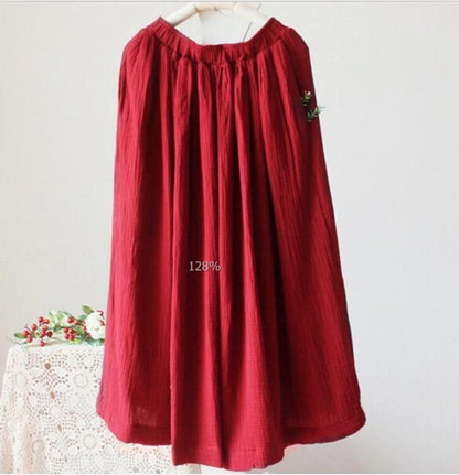Buddha Trends Skirts Red / S Vintage Cotton Linen Pleated Skirt