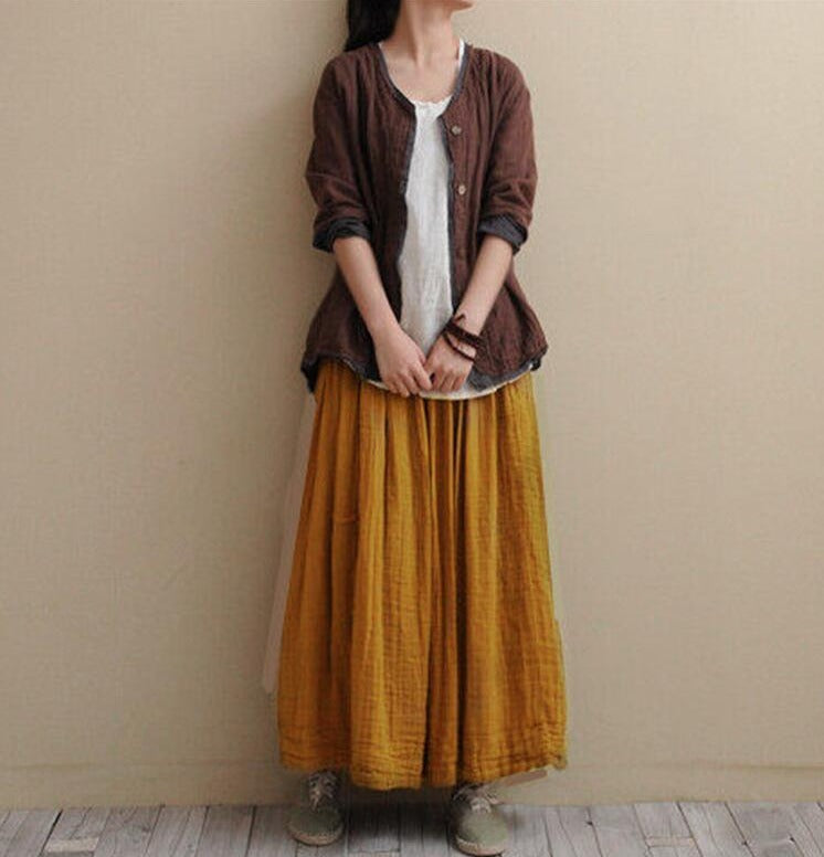 Buddha Trends Skirts Yellow / S Vintage Cotton Linen Pleated Skirt
