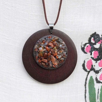 Buddha Trends Stones in Circle Wooden Pendant Necklace