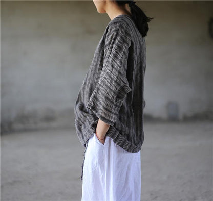 Buddha Trends Striped V Neck Wrap Cotton Linen Shirt  | Zen