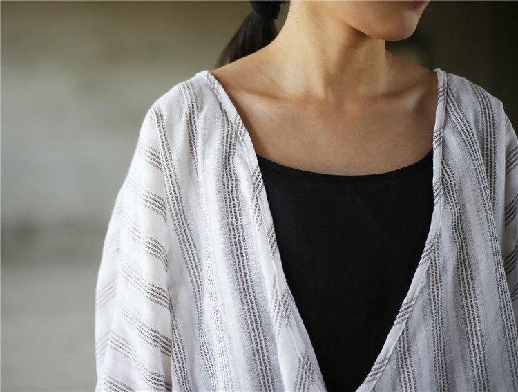 Buddha Trends Striped V Neck Wrap Cotton Linen Shirt  | Zen