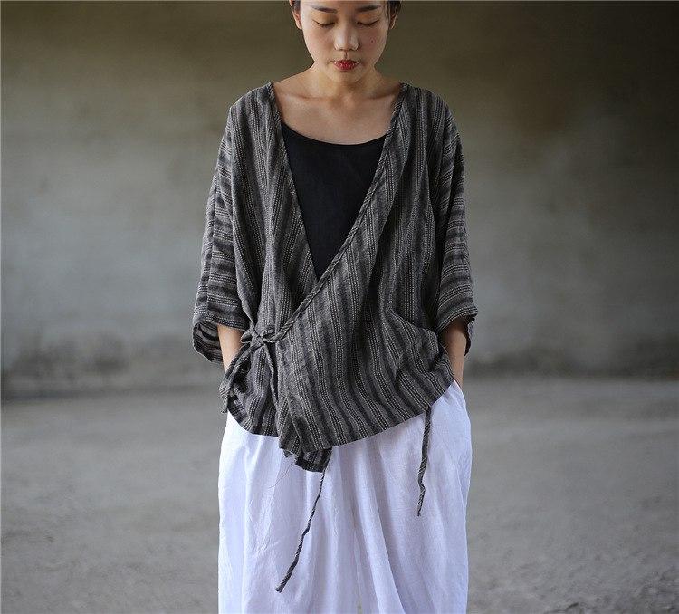 Buddha Trends Striped V Neck Wrap Cotton Linen Shirt  | Zen