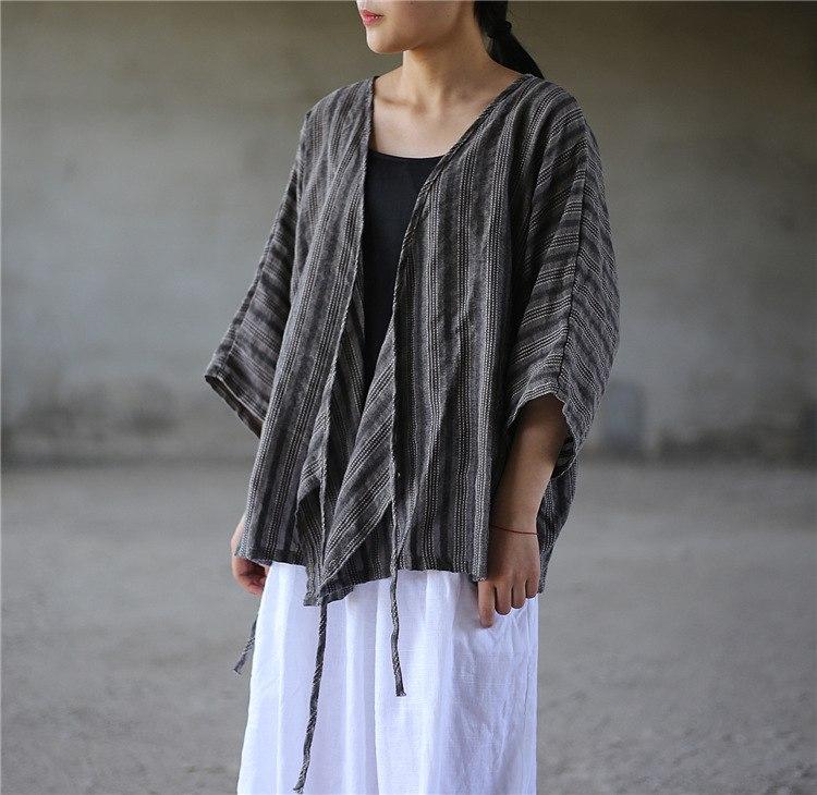 Buddha Trends Striped V Neck Wrap Cotton Linen Shirt  | Zen