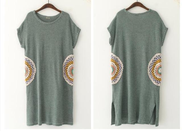 Buddha Trends Sweater Dresses Green / One Size Mandala Embroidered Knitted T-Shirt Dress