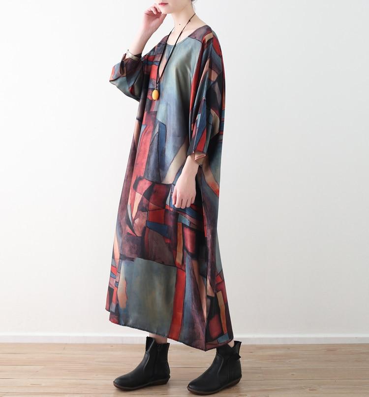 Buddha Trends Sweater Dresses Multi Red / One Size Abstract Prints Loose Retro Dress