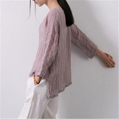Buddha Trends Tops Pink / One Size Asymmetrical V-Neck Linen Shirt