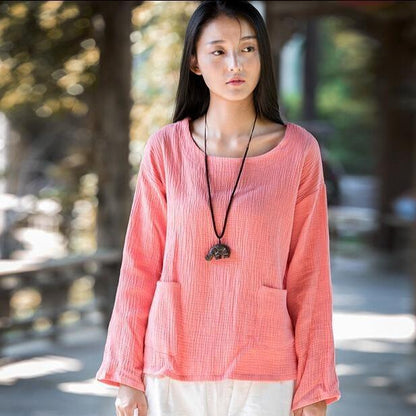 Buddha Trends Tops Pink / S Zen Linen Shirts With Pockets  | Zen