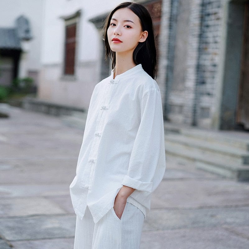 Buddha Trends Tops White / S Zen Casual Cotton Linen Blouse | Zen
