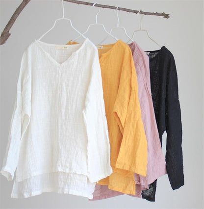 Buddha Trends Tops Yellow / One Size Asymmetrical V-Neck Linen Shirt