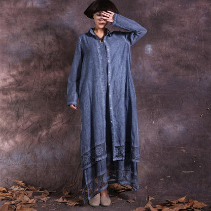 Buddha Trends Vintage Blue / XL Asymmetrical Cotton Linen Long Shirt Dress