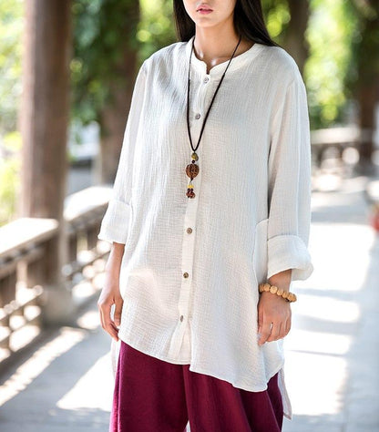 Buddha Trends White / One Size Button up Cotton and Linen Shirt  | Zen