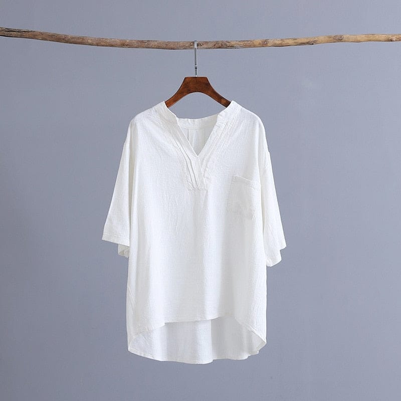 Buddha Trends White / One Size Petite Cotton Linen T-Shirt With Pockets  | Zen