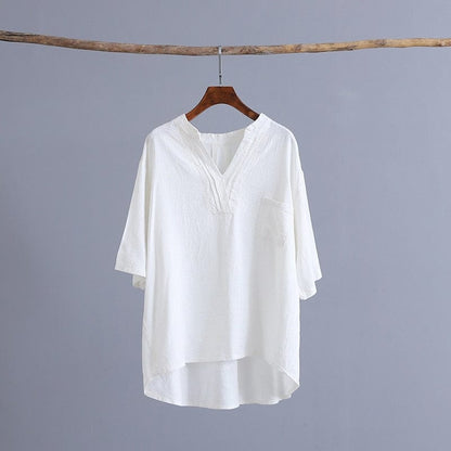 Buddha Trends White / One Size Petite Cotton Linen T-Shirt With Pockets  | Zen