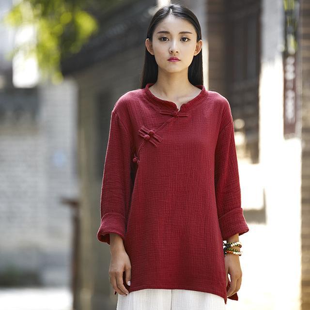 Buddha Trends Wine Red / One Size 3/4 Sleeve Traditional Chinese Cotton and Linen Blouse  | Zen