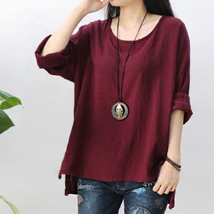 Buddha Trends Wine Red / S Cotton and Linen Asymmetrical Shirt | Zen
