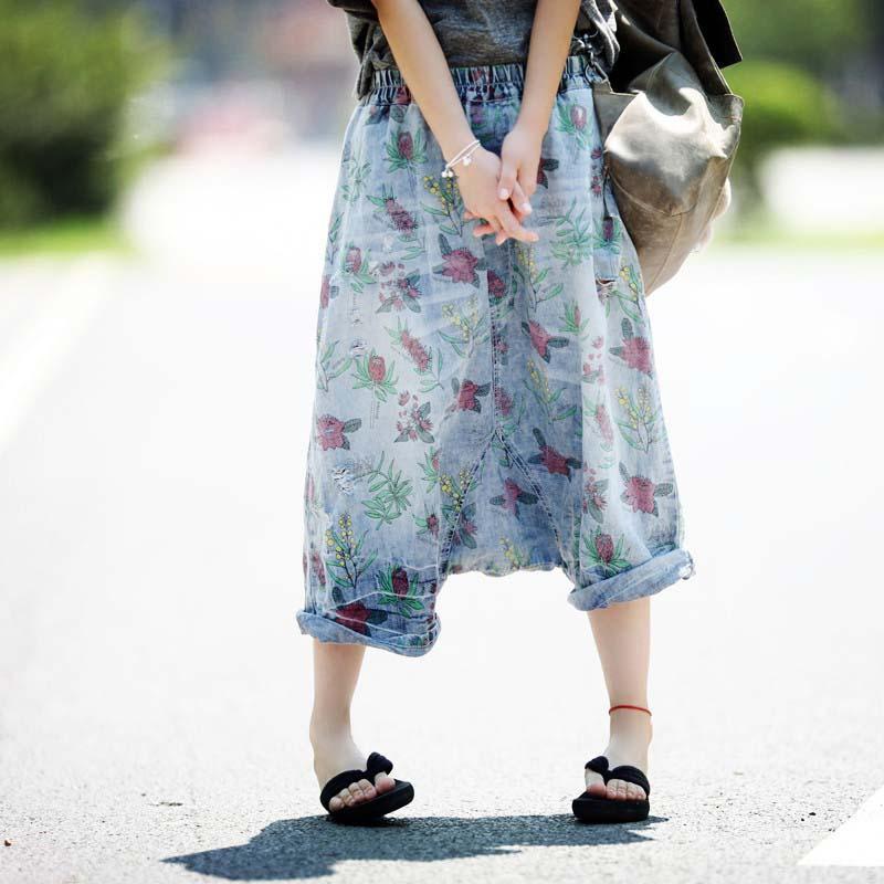 Women Retro Spring Flower Embroidery Denim Harem Pants