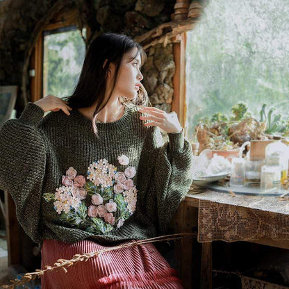 Floral Embroidered Oversized Batwing Sleeve Sweater