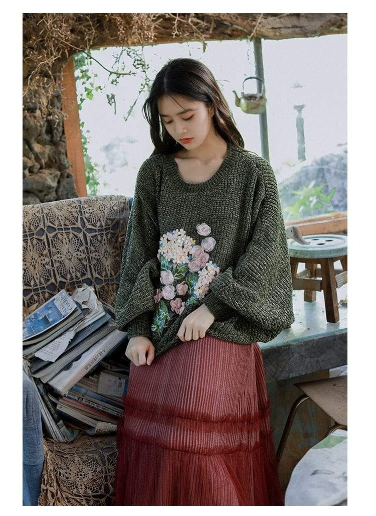 Floral Embroidered Oversized Batwing Sleeve Sweater