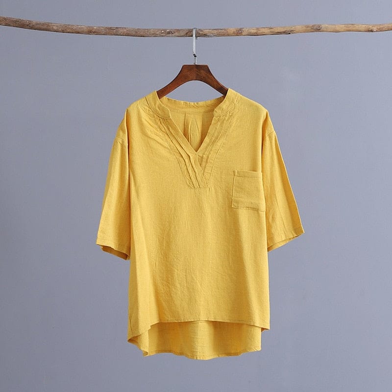 Buddha Trends Yellow / One Size Petite Cotton Linen T-Shirt With Pockets  | Zen