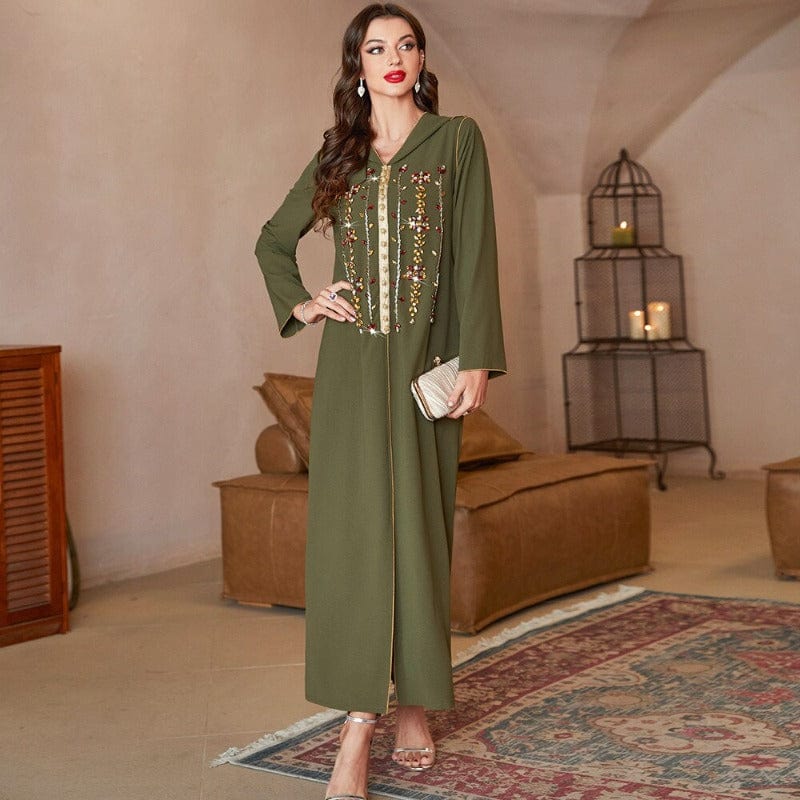 Buddhatrends Army Green / S Dinar Beaded Kaftan Dress | Mandala