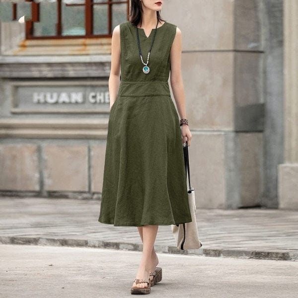 Buddhatrends Army Green / S Poly Sleeveless Solid Midi Dress
