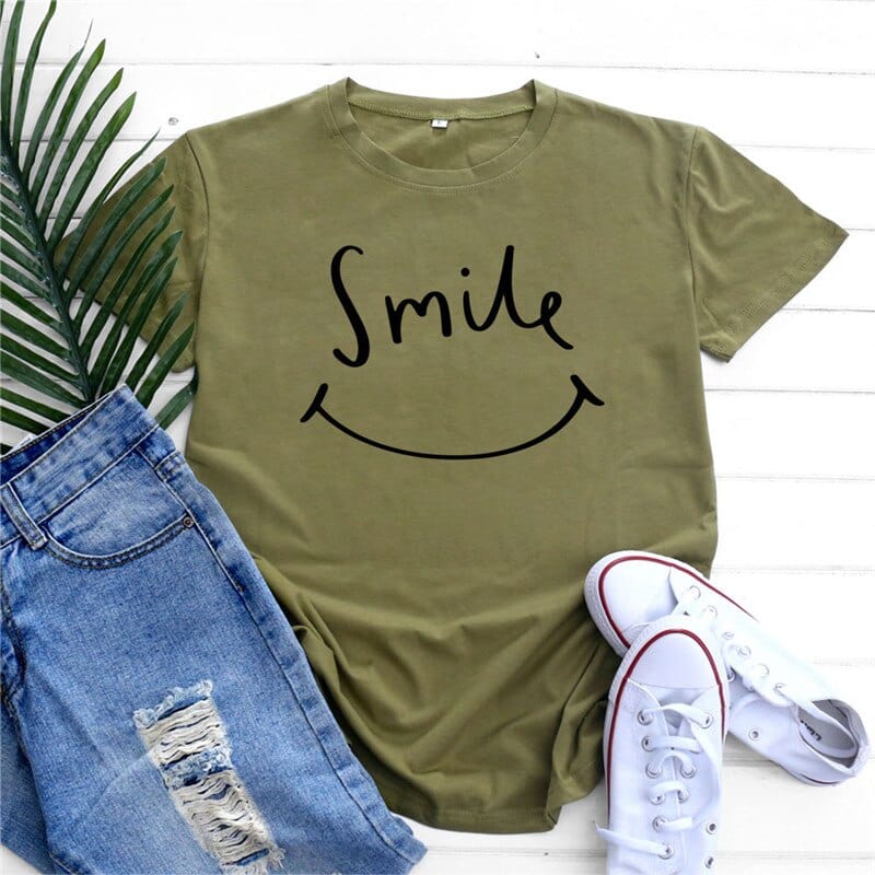 Buddhatrends Army Green / S Smily Face O Neck T-Shirt