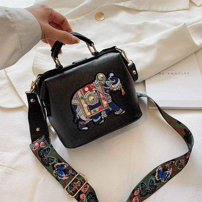 Buddhatrends Bags Black / 18cmx16cmx8cm Vintage Embroidery Elephant Bag Bags Wide Butterfly Strap PU Leather Women Shoulder Crossbody Bag Tote Women&