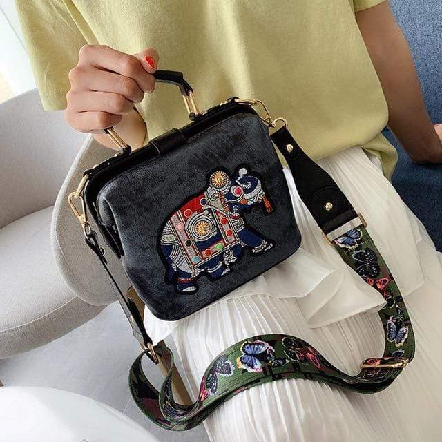 Buddhatrends Bags Grey / 18cmx16cmx8cm Vintage Embroidery Elephant Bag Bags Wide Butterfly Strap PU Leather Women Shoulder Crossbody Bag Tote Women&