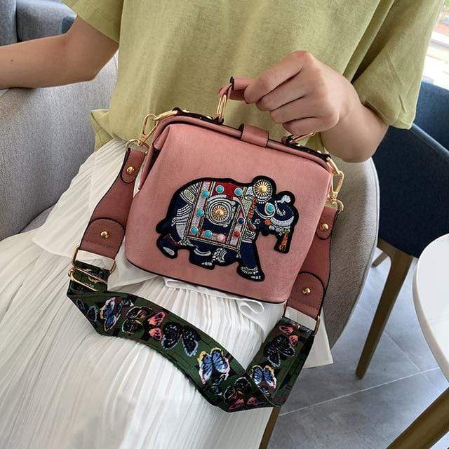 Buddhatrends Bags Pink / 18cmx16cmx8cm Vintage Embroidery Elephant Bag Bags Wide Butterfly Strap PU Leather Women Shoulder Crossbody Bag Tote Women&
