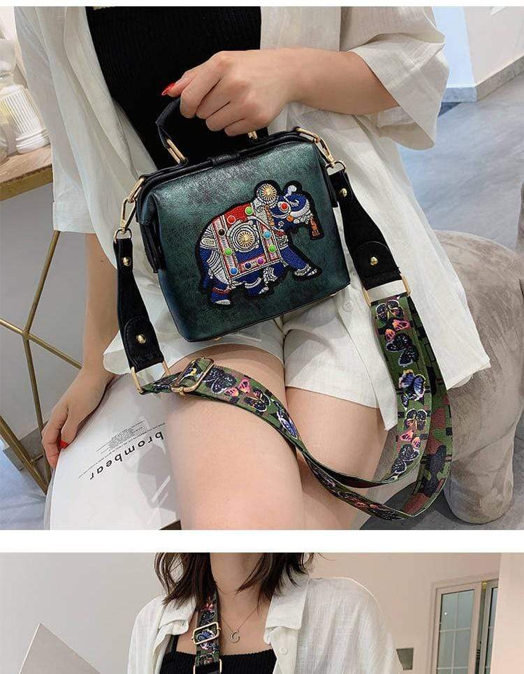 Buddhatrends Bags Vintage Embroidery Elephant Bag Bags Wide Butterfly Strap PU Leather Women Shoulder Crossbody Bag Tote Women&