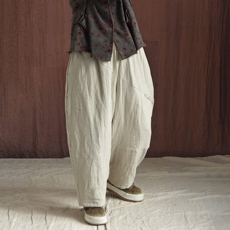 Buddhatrends Beige / One Size Elastic Waist Linen Padded Pants