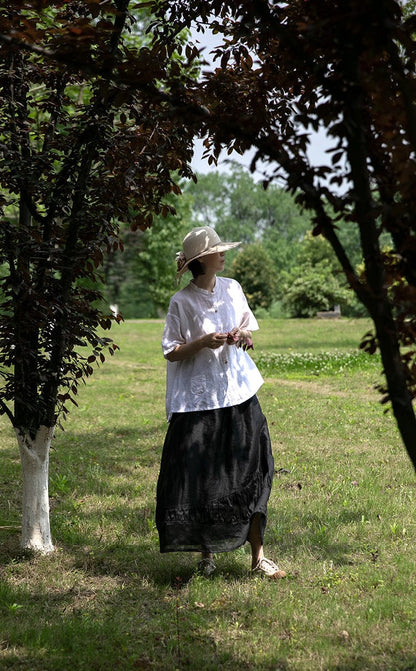 Buddhatrends Black Linen Midi Skirt